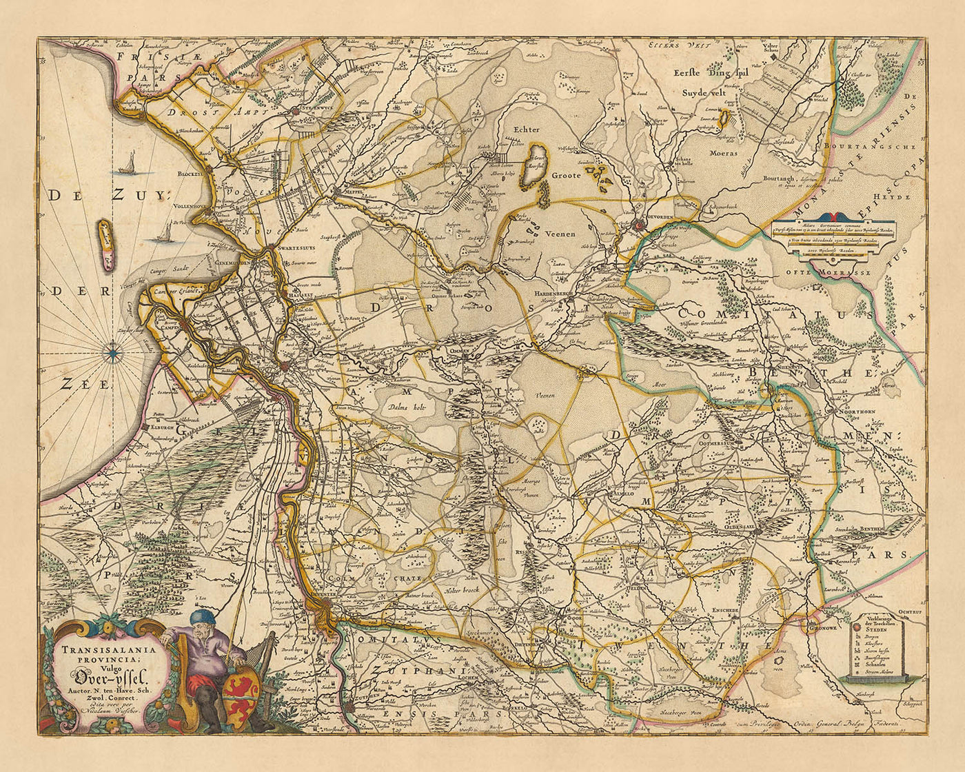 Ancienne carte d'Overijssel, Pays-Bas par Visscher, 1690 : Zwolle, Kampen, Hengelo, Deventer, Enschede