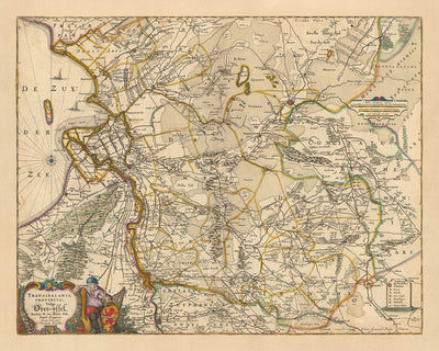 Mapa antiguo de Overijssel, Países Bajos por Visscher, 1690: Zwolle, Kampen, Hengelo, Deventer, Enschede