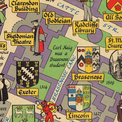 Mapa antiguo de Oxford por Sayer, 1949: Universidad de Oxford, St. John's, Museo Ashmolean, Río Cherwell, Broad Walk