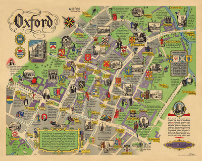 Ancienne carte d'Oxford par Sayer, 1949 : Université d'Oxford, St. John's, Ashmolean Museum, River Cherwell, Broad Walk
