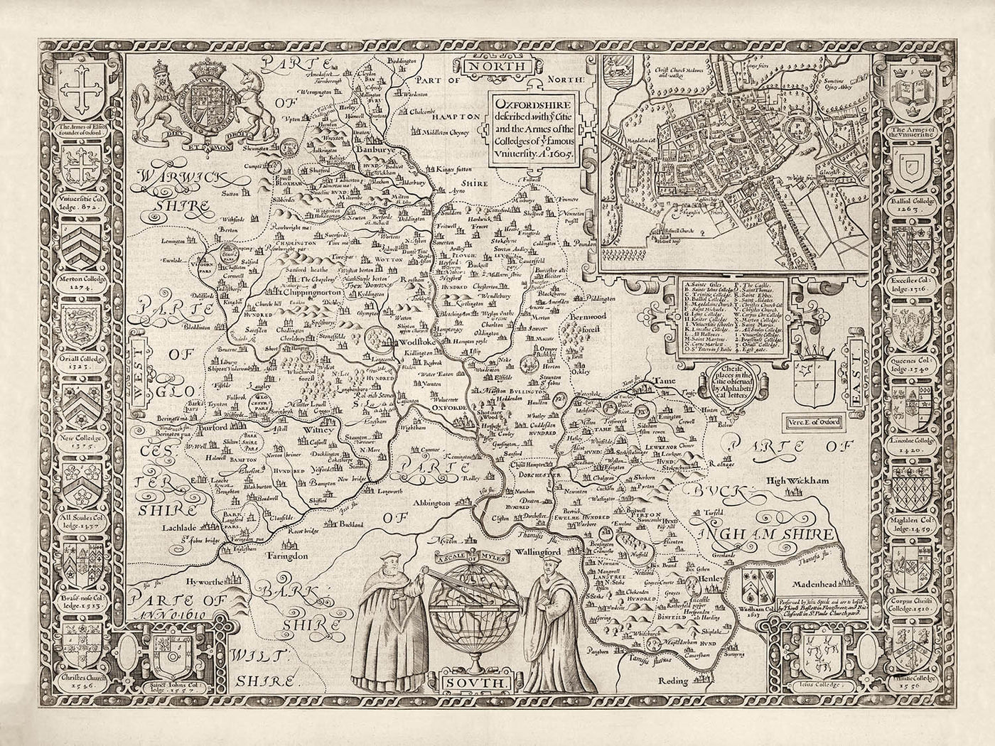 Old Map of Oxfordshire, 1611 by John Speed - Oxford, Banbury, Abingdon, Bicester
