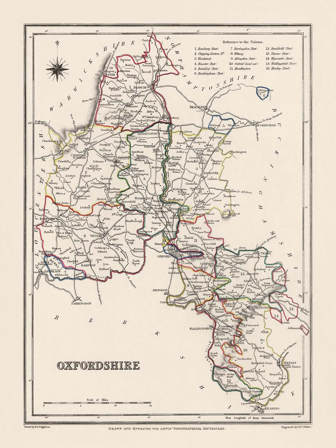 Old Map of Oxfordshire by Samuel Lewis, 1844: Oxford, Banbury, Abingdon, Bicester, and Witney