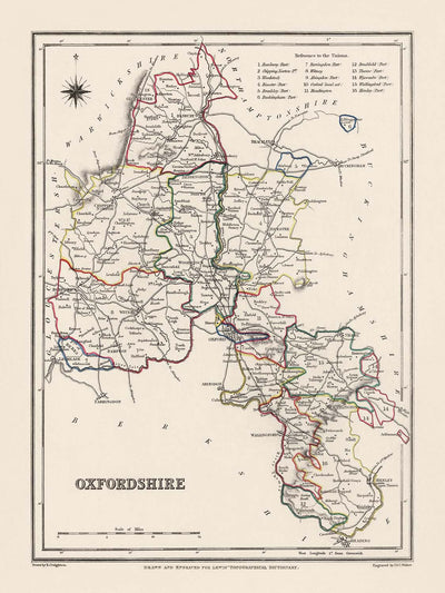 Old Map of Oxfordshire by Samuel Lewis, 1844: Oxford, Banbury, Abingdon, Bicester, and Witney