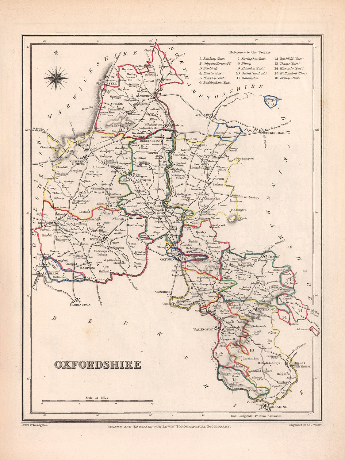 Old Map of Oxfordshire by Samuel Lewis, 1844: Oxford, Banbury, Abingdon, Bicester, and Witney