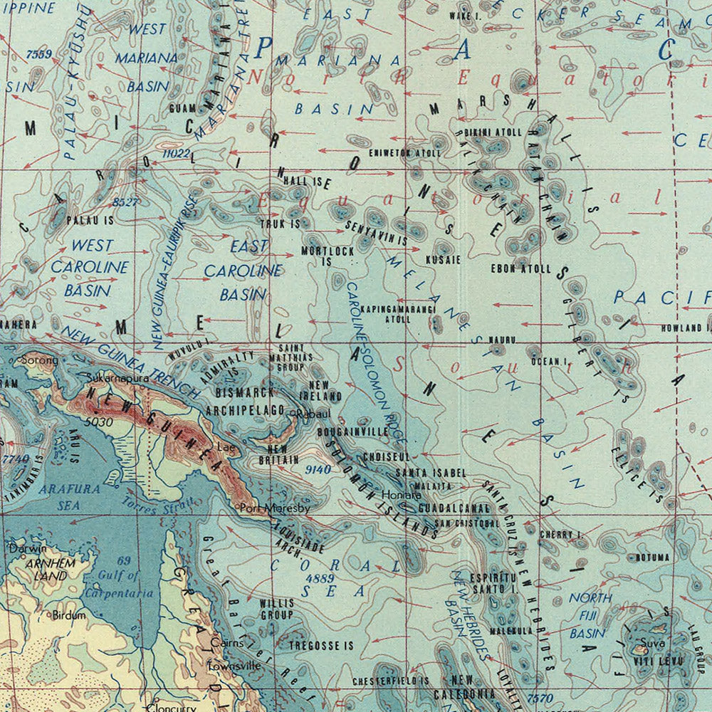Old World Map of the Pacific and Indian Oceans, 1967: Detailed Political and Physical Chart