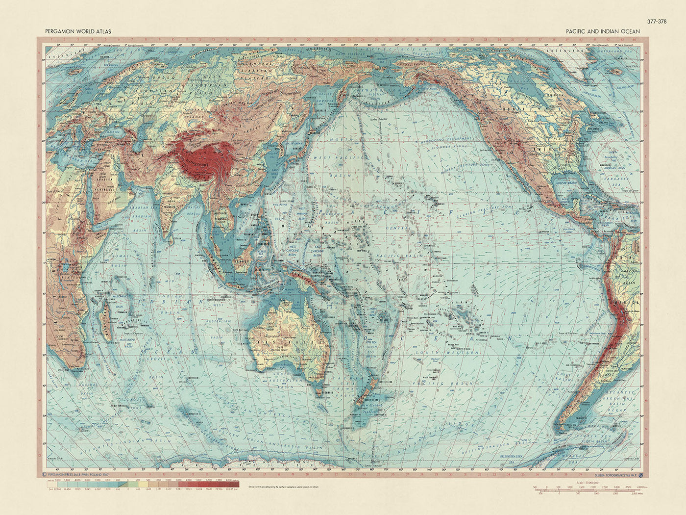 Old World Map of the Pacific and Indian Oceans, 1967: Detailed Political and Physical Chart
