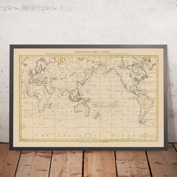 Mappa del mondo centrata sul Pacifico di Hogg, 1794: I viaggi di Cook, Drake, Anson, centrata su Australia e Nuova Zelanda 
