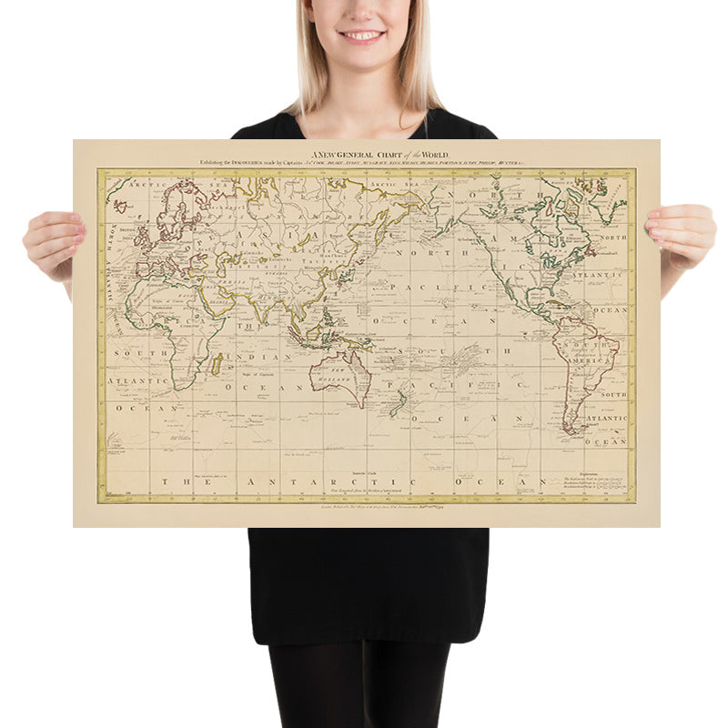 Alte pazifikzentrierte Weltkarte von Hogg, 1794: Cooks Reisen, Drake, Anson, zentriert auf Australien und Neuseeland 