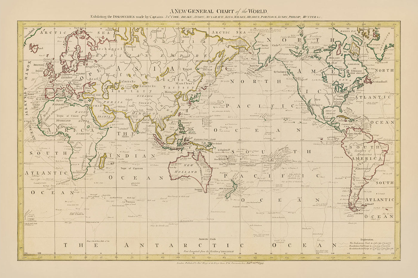 Alte Weltkarte des Pazifischen Ozeans von Hogg, 1794: Cook's Voyages, Pazifikzentriert, detaillierte politische Karte