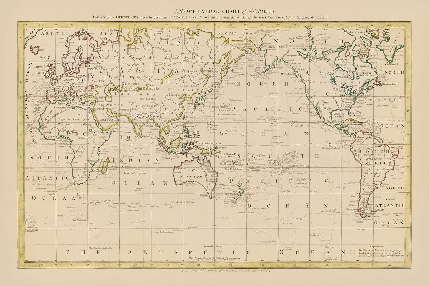 Old Pacific-Centric World Map by Hogg, 1794: Cook's Voyages, Drake, An ...