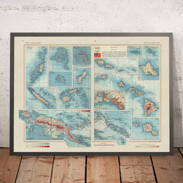 Mapa antiguo de las islas del océano Pacífico, 1967: Hawái, Fiyi, Palau, Nueva Guinea, Samoa, Pearl Harbour, atolones 
