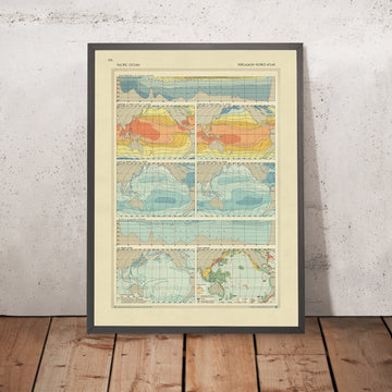 Antigua infografía del mapa del Océano Pacífico, 1967: Temperatura, Salinidad, Pesquerías, Fondo Oceánico 
