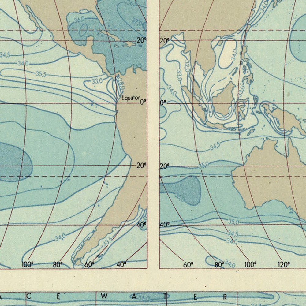 Antiguo mapa infográfico del Océano Pacífico: temperatura, salinidad, pesca, 1967