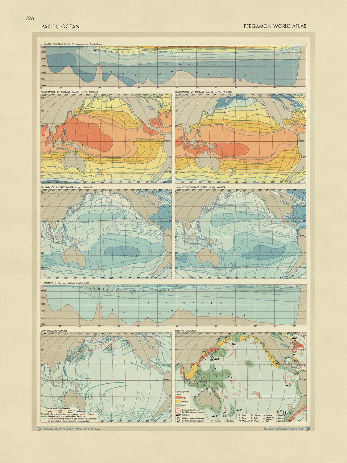 Antiguo mapa infográfico del Océano Pacífico: temperatura, salinidad, pesca, 1967