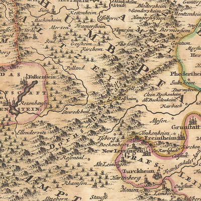 Old Map of Rhine Palatinate &  Zweibrücken Duchy, Visscher, 1690: Frankfurt, Mannheim, Saarbrücken, Mainz, Darmstadt