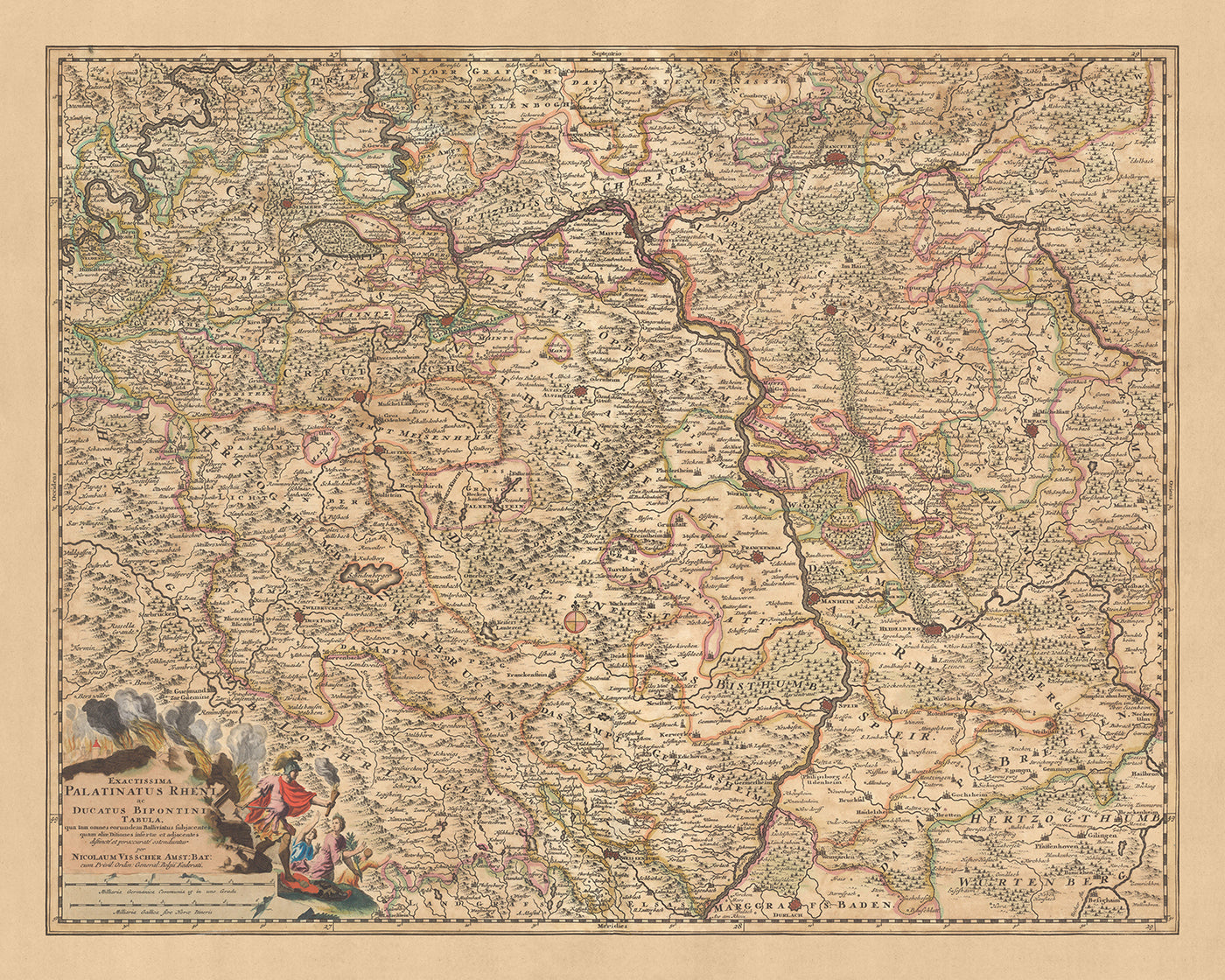Ancienne carte du duché du Rhin Palatinat et de Zweibrücken, Visscher, 1690 : Francfort, Mannheim, Sarrebruck, Mayence, Darmstadt