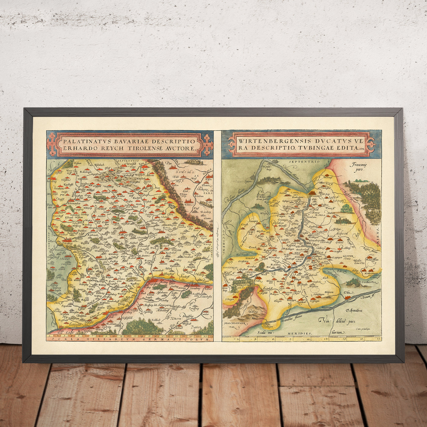 Mapa antiguo de Baviera y Wurtemberg de Ortelius, 1581: Danubio, Rin, Stuttgart, Ratisbona, bosques