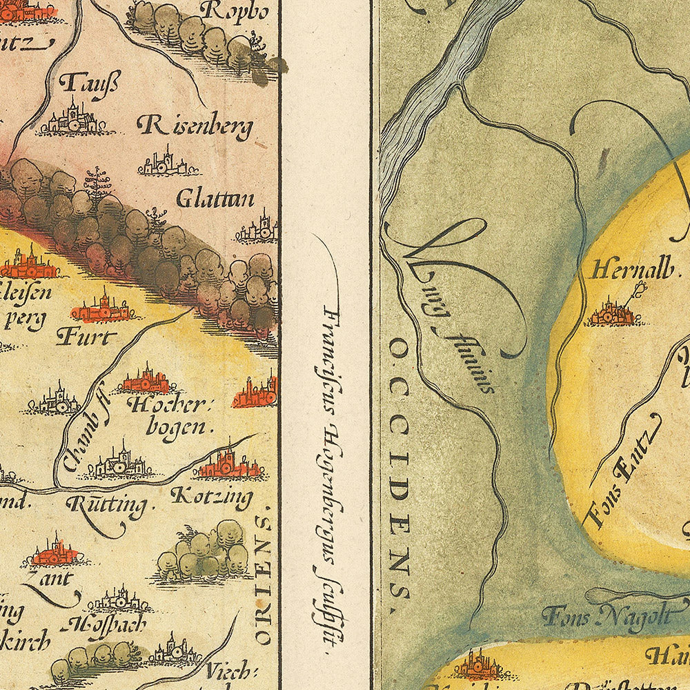 Carte ancienne de la Bavière et du Wurtemberg par Ortelius, 1581 : Danube, Rhin, Stuttgart, Ratisbonne, Forêts