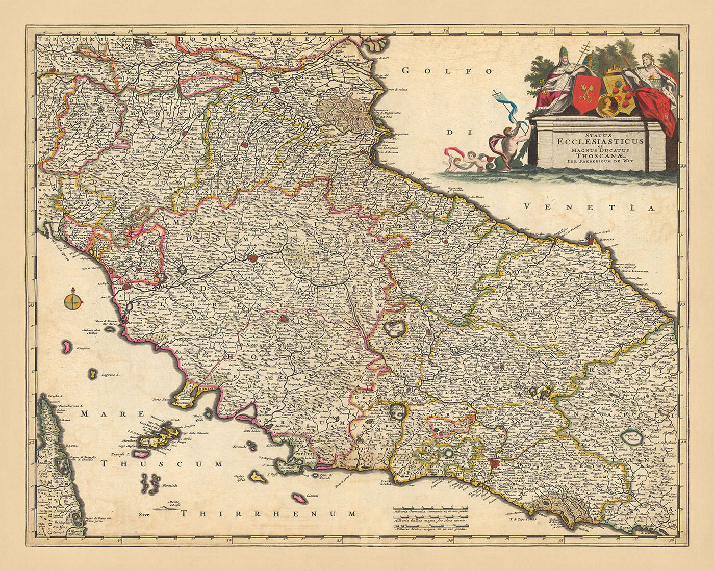 Ancienne carte de l'État pontifical et du duché de Toscane, Italie par Visscher, 1690 : Rome, Florence, Pescara, Bologne, Pise