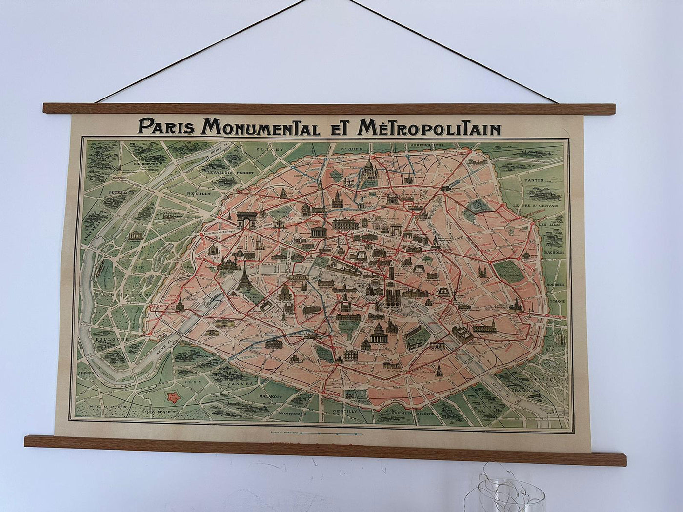 Alte Karte von Paris Métro & Landmarks, 1920 von Robelin - Eiffelturm, Louvre, Champs-Elysees, Eisenbahn-U-Bahn-Karte