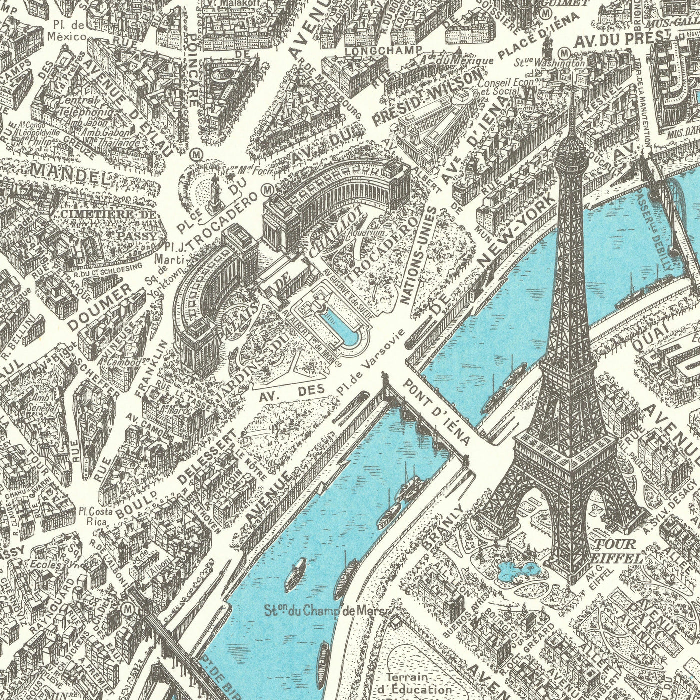 Antiguo mapa a vista de pájaro de París por La Rougery, 1920: Torre Eiffel, Notre-Dame, Louvre, Montmartre, Sena