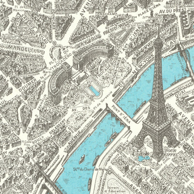 Antiguo mapa a vista de pájaro de París por La Rougery, 1920: Torre Eiffel, Notre-Dame, Louvre, Montmartre, Sena