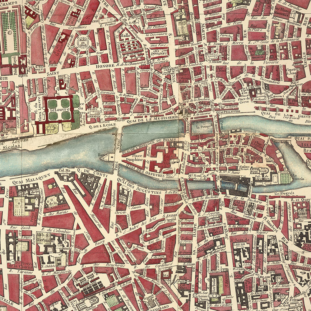 Mapa antiguo de París de Esnauts & Rapilly, 1784: Louvre, Notre Dame, Campos Elíseos, Bois de Boulogne, Pont Neuf