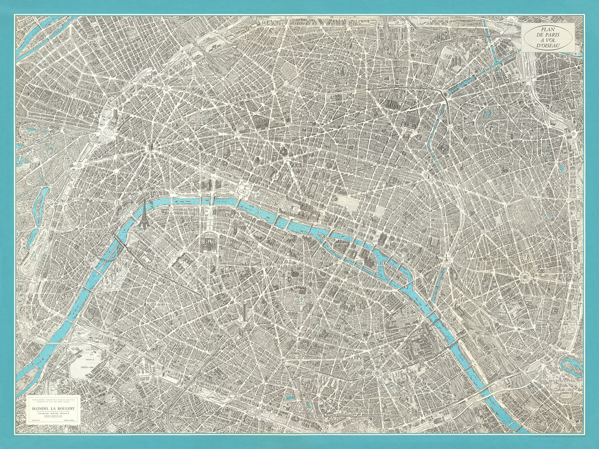 Old Birdseye Map of Paris by Peltier & Chardon, 1974: Eiffel Tower, Notre-Dame, Louvre, Montmartre, Seine