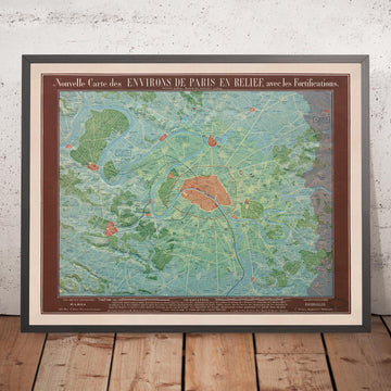 Old Relief Map of Paris by Georg Bauerkeller in 1843 - Saint Denis, Argenteuil, Saint Germain Des Paris, Montmorency, Versailles