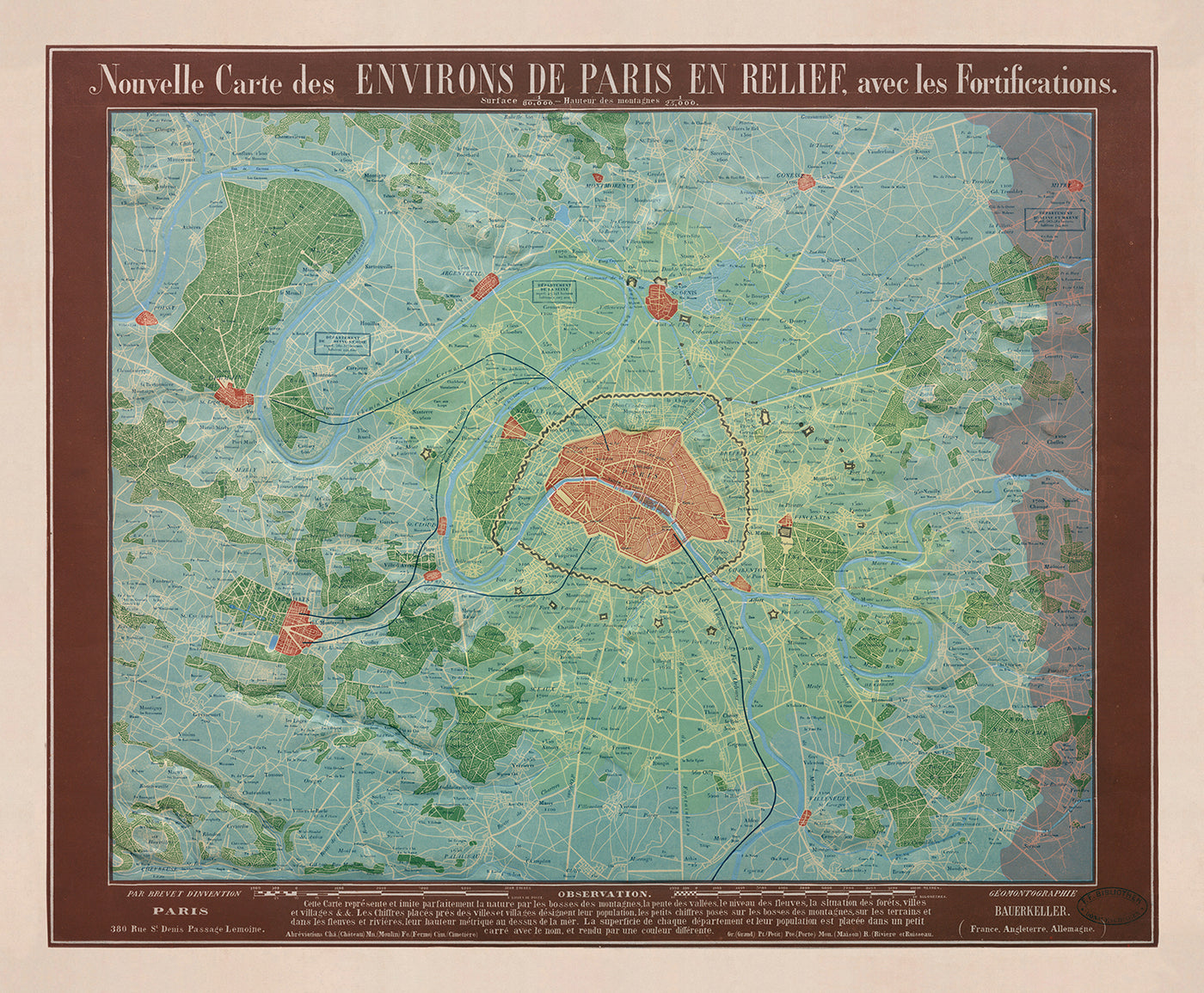 Alte Reliefkarte von Paris von Georg Bauerkeller aus dem Jahr 1843 – Saint Denis, Argenteuil, Saint Germain Des Paris, Montmorency, Versailles