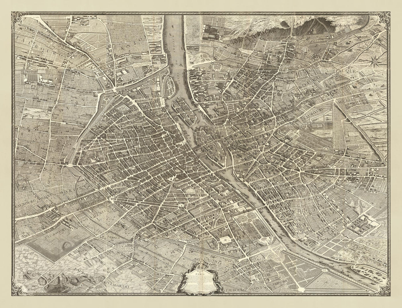 Gran mapa antiguo de París, Francia, por Bretez & Turgot en 1734 - Notre Dame, Sainte-Chapelle, Île de la Cité, Bastille