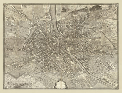 Große alte Karte von Paris, Frankreich von Bretez & Turgot im Jahr 1734 - Notre Dame, Sainte-Chapelle, Île de la Cité, Bastille