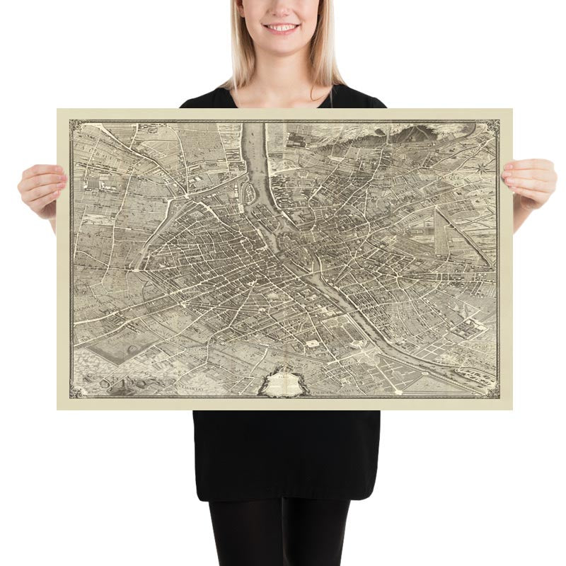 Gran mapa antiguo de París, Francia, por Bretez & Turgot en 1734 - Notre Dame, Sainte-Chapelle, Île de la Cité, Bastille