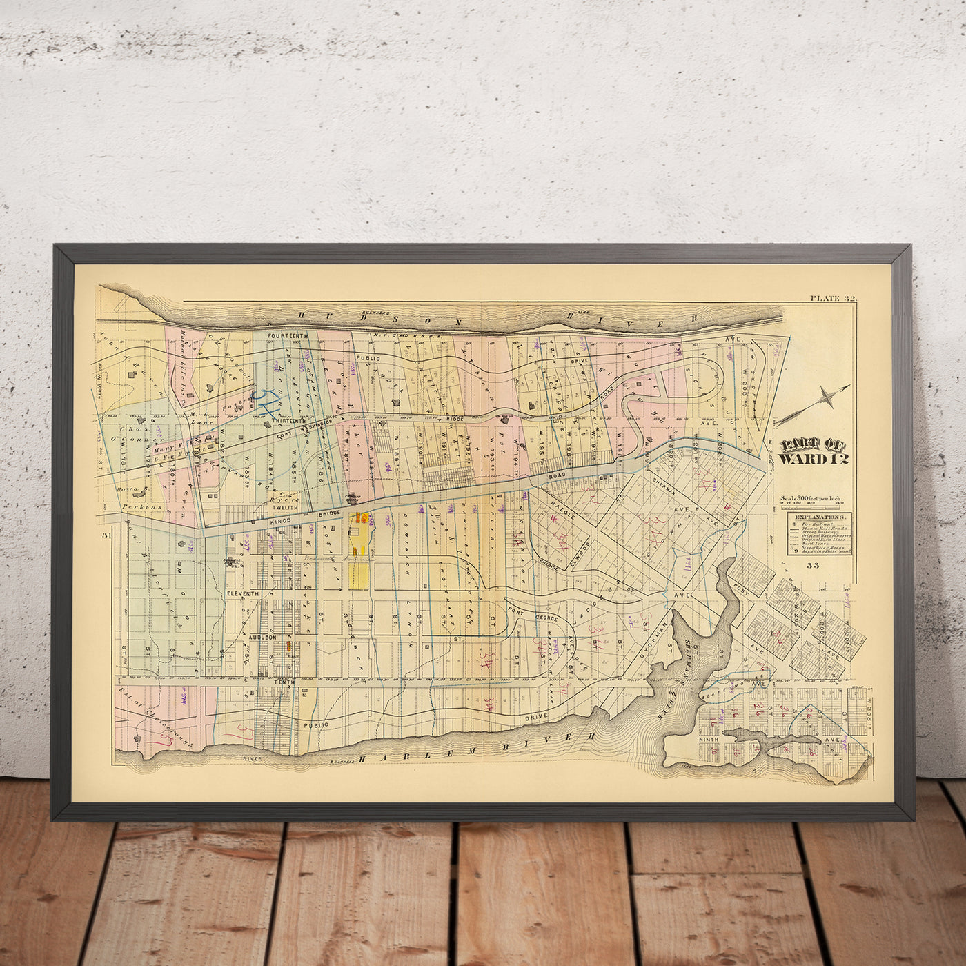 Old City Map of Harlem, NYC by Bromley, 1879: Fort Washington, Fort George, Hudson River, Harlem River