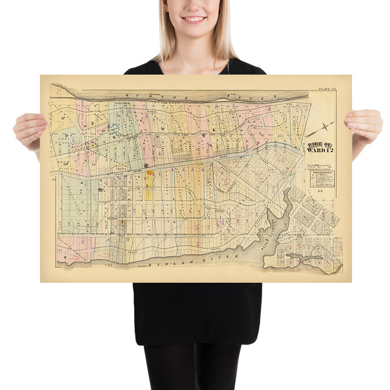 Old City Map of Harlem, NYC by Bromley, 1879: Fort Washington, Fort George, Hudson River, Harlem River