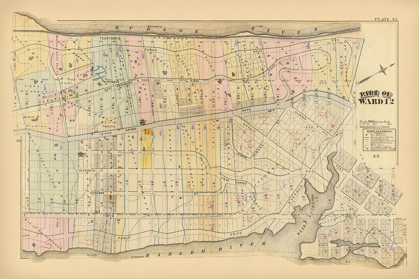 Old City Map of Harlem, NYC by Bromley, 1879: Fort Washington, Fort George, Hudson River, Harlem River