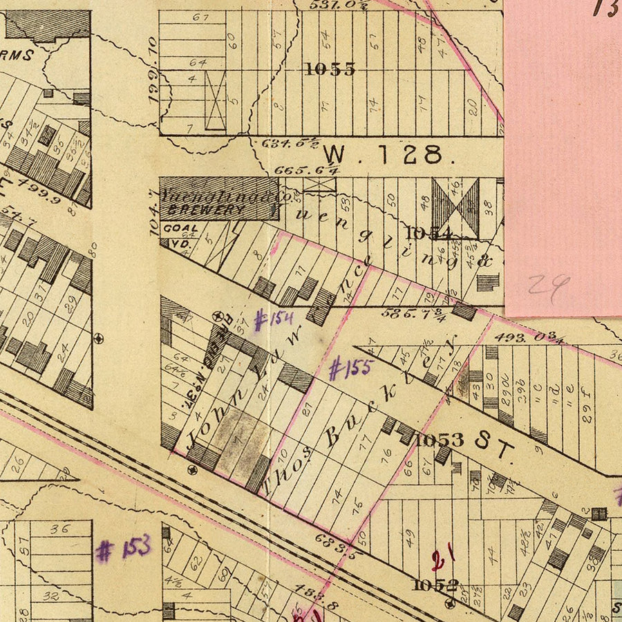 Mappa antica di Harlem, NYC di Bromley, 1879: Riverside Park, Convento, Broadway, Ferrovie, Amsterdam Ave 