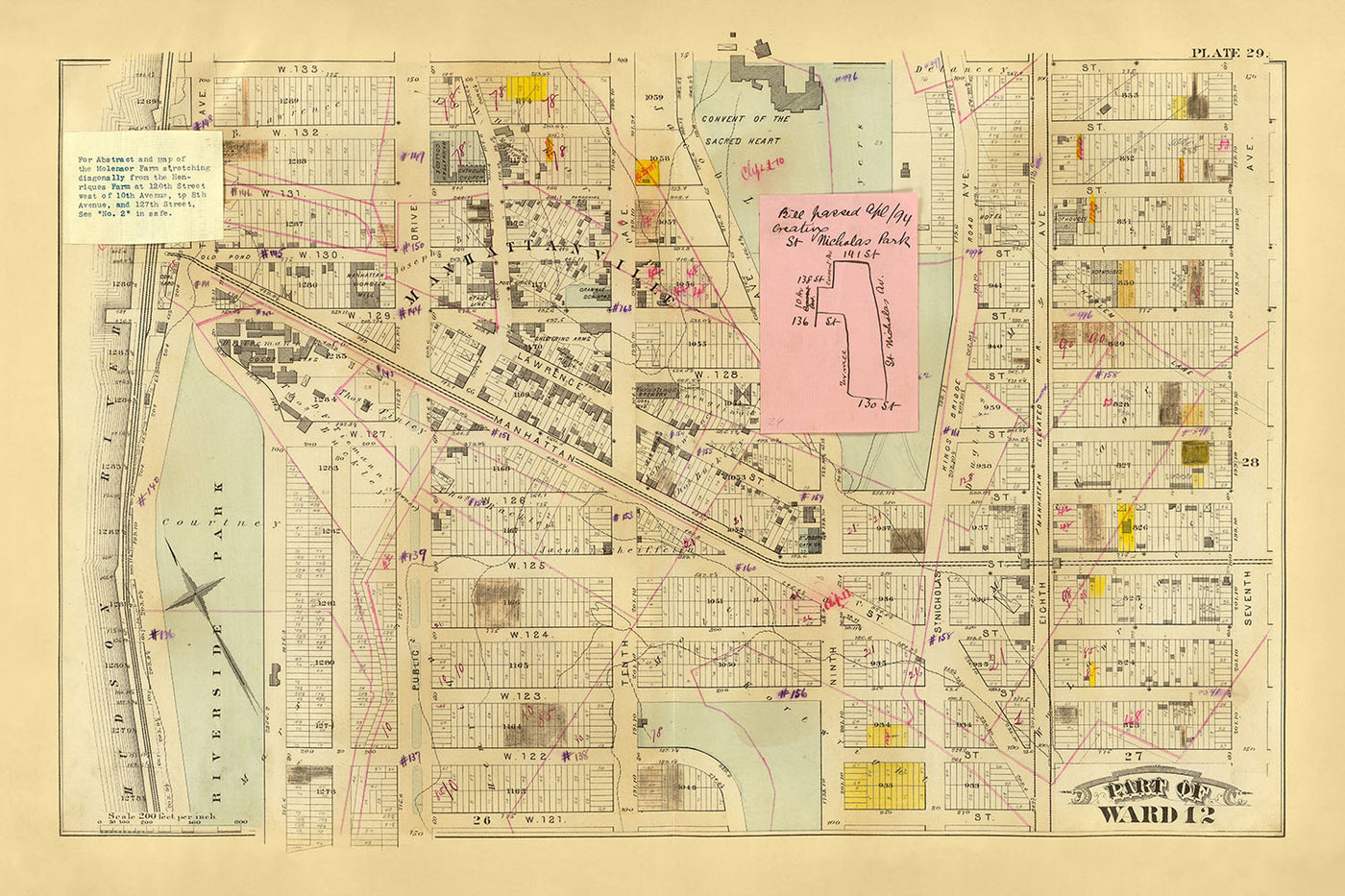 Mapa antiguo de la ciudad de Nueva York de Bromley, 1879: Riverside Park, Convent, Broadway, Ferrocarriles, Amsterdam Ave.