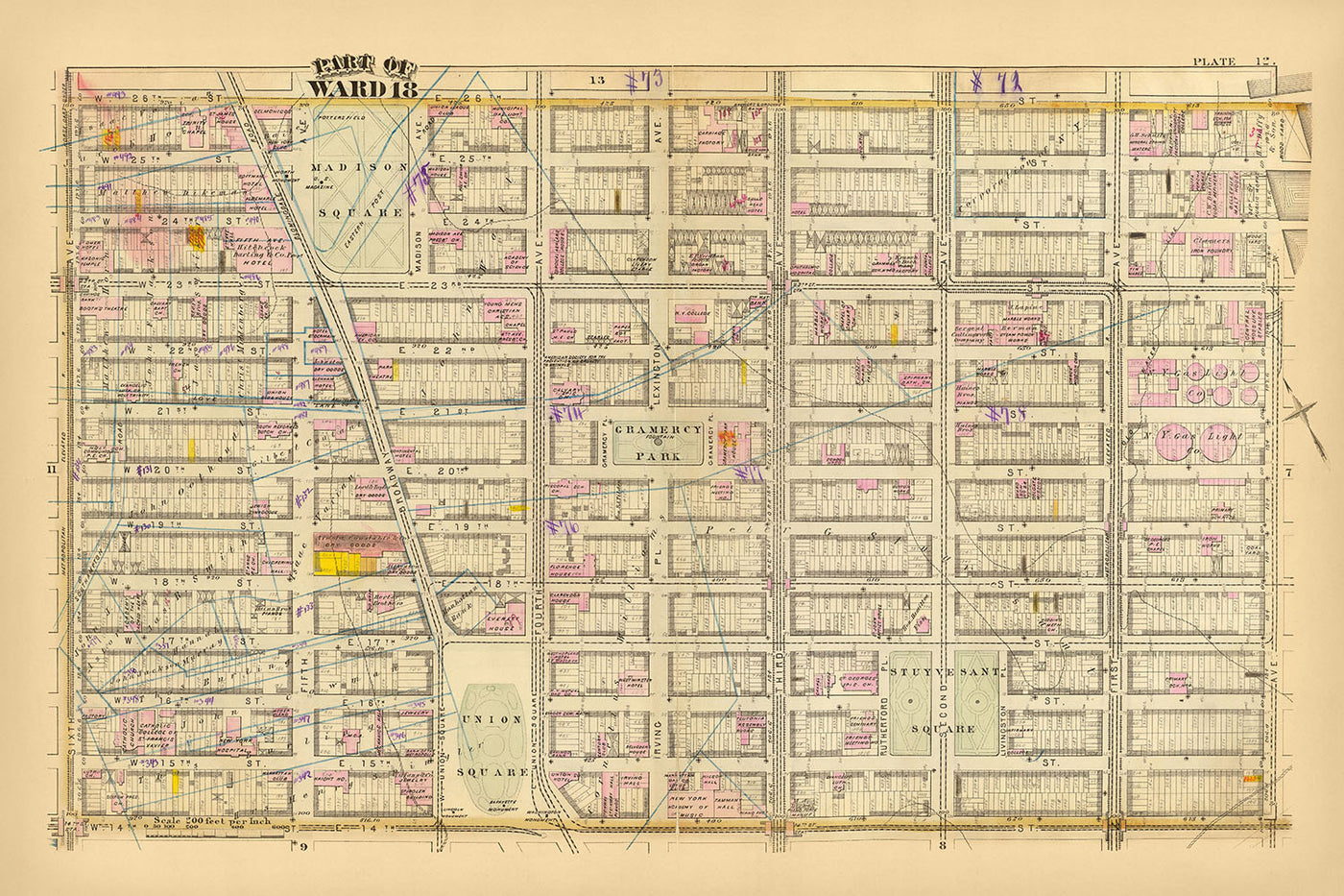 Mapa antiguo del distrito 18 de la ciudad de Nueva York por Bromley, 1879: Madison Square, Gramercy Park, Stuyvesant Square, Union Square, Tammany Hall