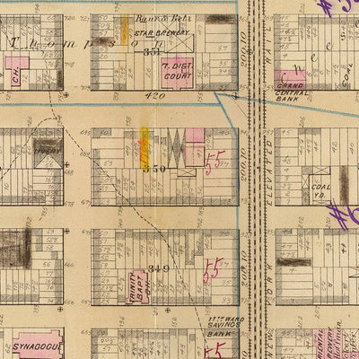 Ancienne carte de Midtown East, New York, 1879 : hôpital St. Luke, cathédrale Saint-Patrick, usine de pianos Steinway & Sons, quartier 19