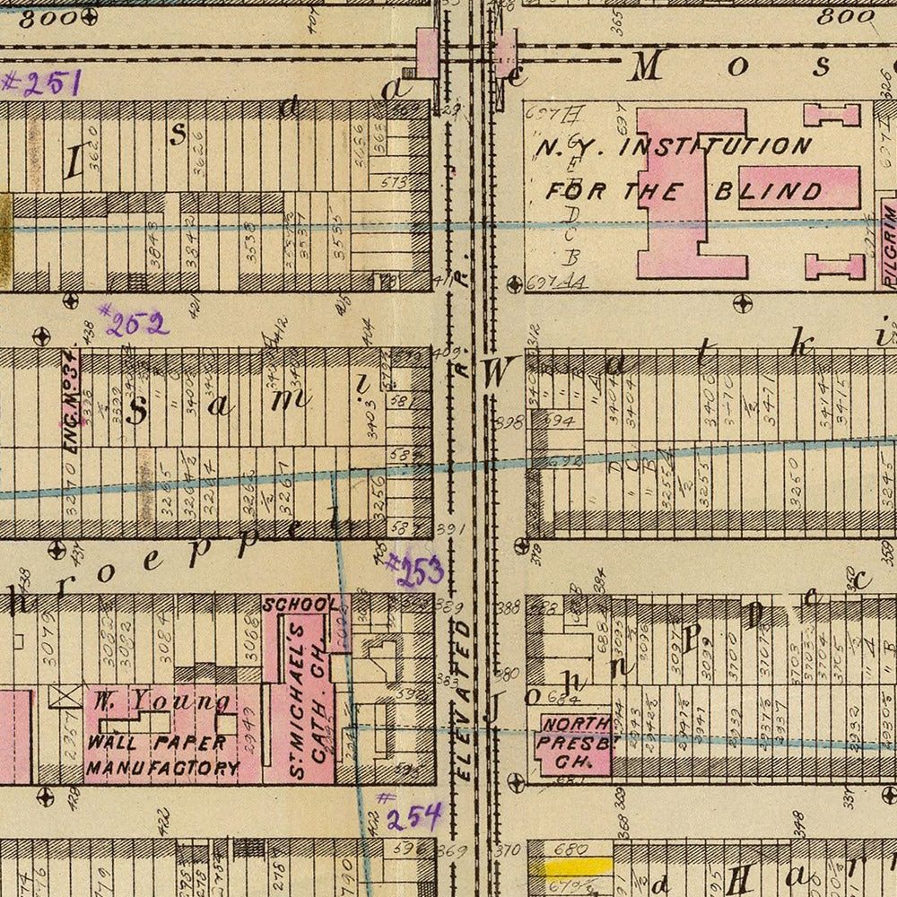 Ancienne carte du quartier 20, New York, 1879 : Garment District, New York Central et Hudson River Freight Yard, Manhattan Market, New York Aquarium
