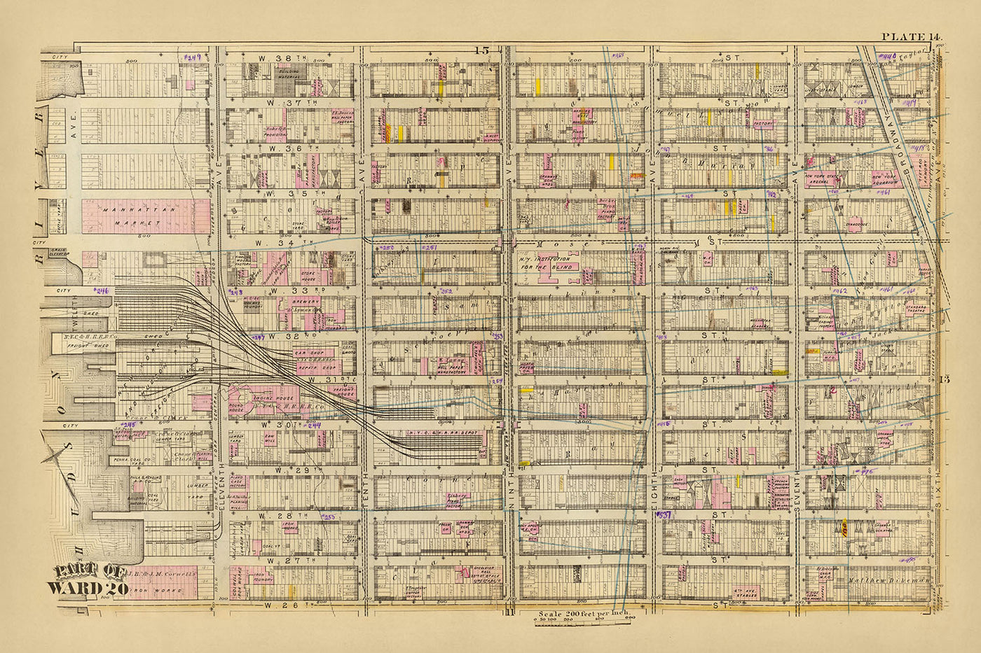 Alte Karte von Ward 20, NYC, 1879: Garment District, New York Central und Hudson River Freight Yard, Manhattan Market, New York Aquarium