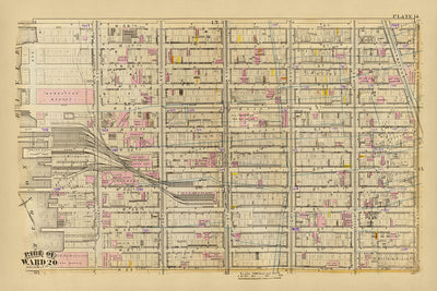 Alte Karte von Ward 20, NYC, 1879: Garment District, New York Central und Hudson River Freight Yard, Manhattan Market, New York Aquarium