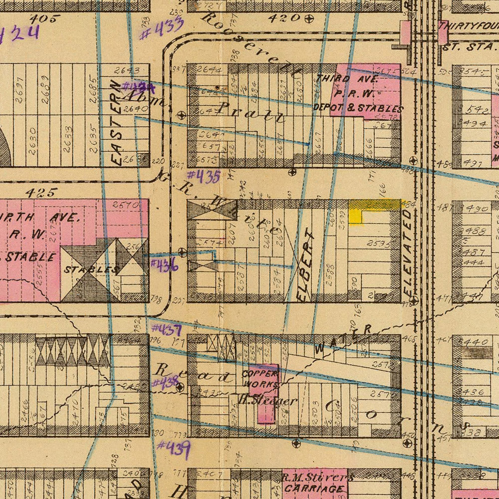 Mapa antiguo del distrito 21, Nueva York, de Bromley, 1879: Bellevue Hospital, Concert Garden y 33rd Street Station.