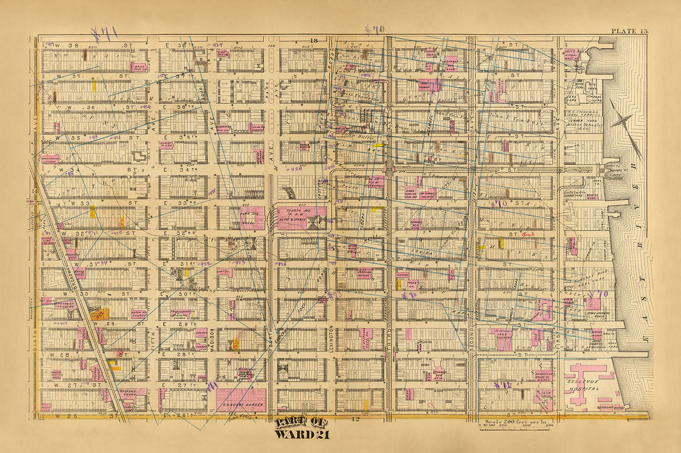 Mapa antiguo del distrito 21, Nueva York, de Bromley, 1879: Bellevue Hospital, Concert Garden y 33rd Street Station.