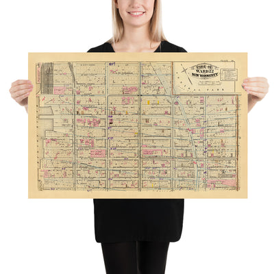 Ancienne carte de Clinton, quartier 22, New York, 1879 : Hells Kitchen, Columbus Circle, Roosevelt Hospital, Central Park