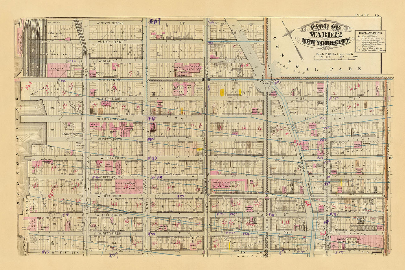 Mapa antiguo de Clinton, Distrito 22, Nueva York, 1879: Hells Kitchen, Columbus Circle, Hospital Roosevelt, Central Park