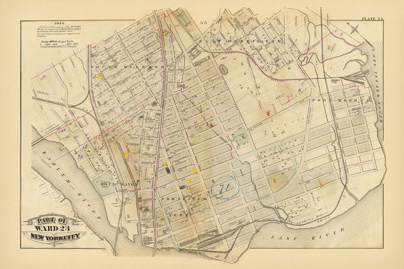 Old Map of the Bronx, NYC by Bromley, 1879: South Melrose, Mott Haven, St. Mary's Park, East River, Railways