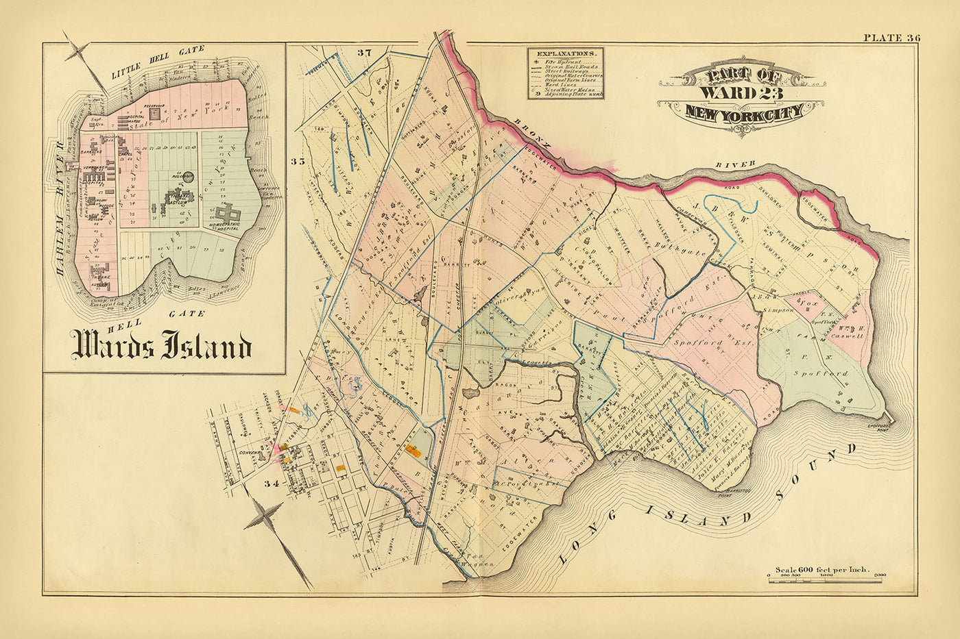 Ancienne carte de la ville de New York par Bromley, 1879 : Wards Island, Hell Gate, Spoffords Point, Barrettos Point, East River