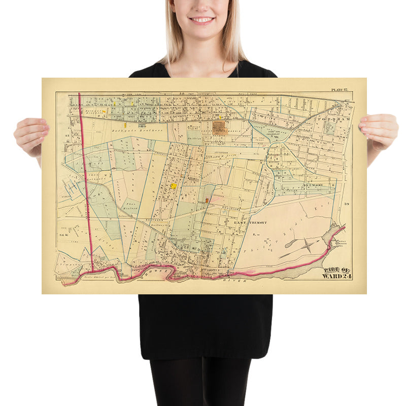 Mapa antiguo de la ciudad de Nueva York de Bromley, 1879: West Farms, East Tremont, Belmont, Fordham, río Bronx